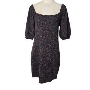 Free People Black Burgundy Textured Puff Sleeve Square Neck Mini‎ Dress Size S